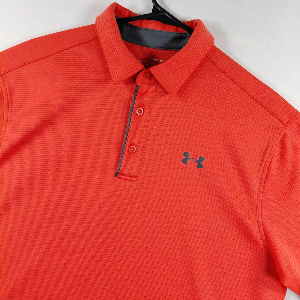 Under Armour HeatGear Loose Fit Polo Shirt Mens Medium Orange Short Sleeve Logo